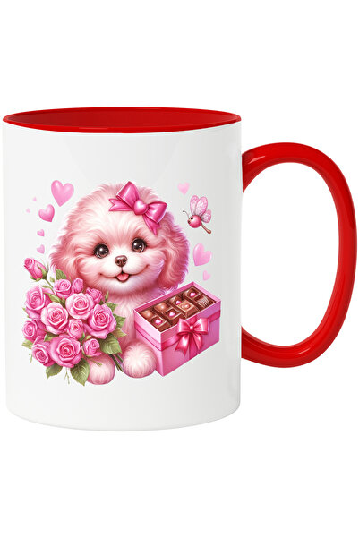 StoryGift Romania Cana cu o catelusa care a primit cadouri | buchet cu trandafiri | ciocolata | bo, Cu Maner Rosu