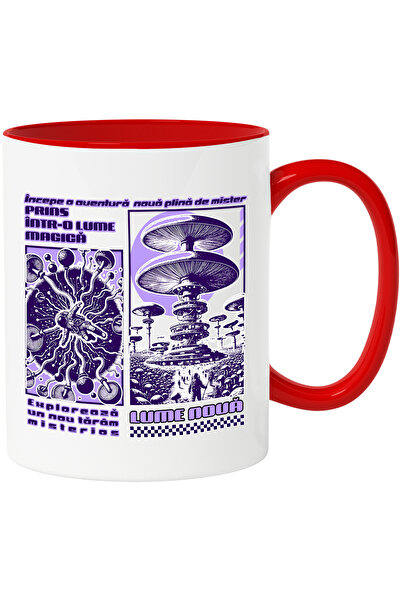 StoryGift Romania Cana Lume noua Astronaut intr-o lume magica, 330ml, Ceramic cu Maner Rosu, Cu Maner Rosu