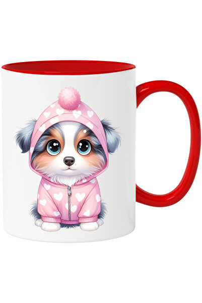 StoryGift Romania Cana cu un catelus timid | ilustratie | imbujorat | poarta un hanorac cu inimioa, Cu Maner Rosu