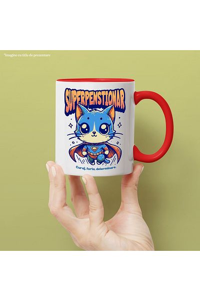 StoryGift Romania Super Pensioner Mug, Superhero, Flying Cat, 330ml, Ceramic with Red Handle, With Handle, STG