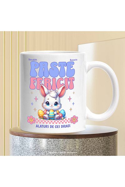 StoryGift Romania Cana cu Iepure Alb Copii Cu Oua Colorate Pascal Flori, Stele Text Paste Fericit , Cu Maner Alb