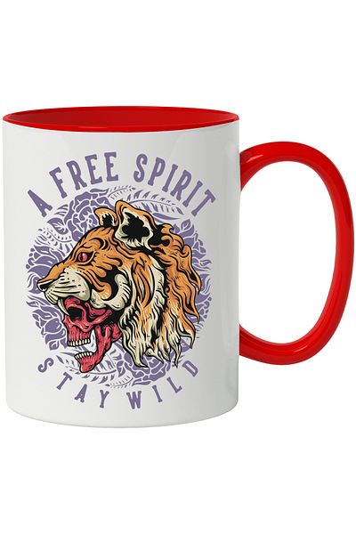 StoryGift Romania Mug With Message In English A Free Spirit Stay Wild, Tiger, Skull, Flowers, Fangs, F, With Red Handle