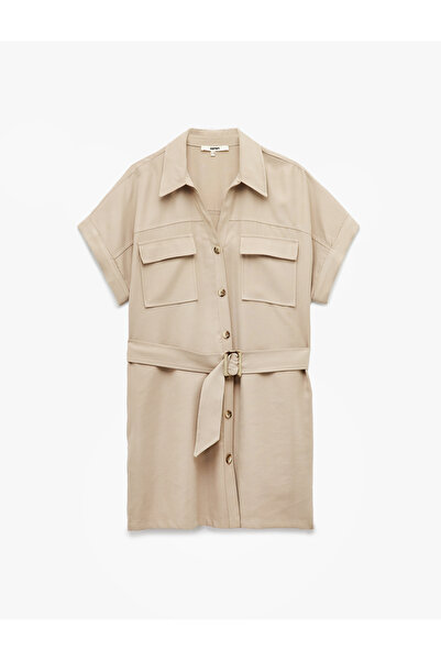 Koton Rochie cămașă peste genunchi din țesătură cupro cu mânecă scurtă, cu buzunare cu curea