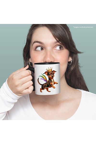 StoryGift Romania Cana cu un catel Dachshund, ilustratie, vesel, danseaza, acrobatii, circ, pene, , Cu Maner Negru