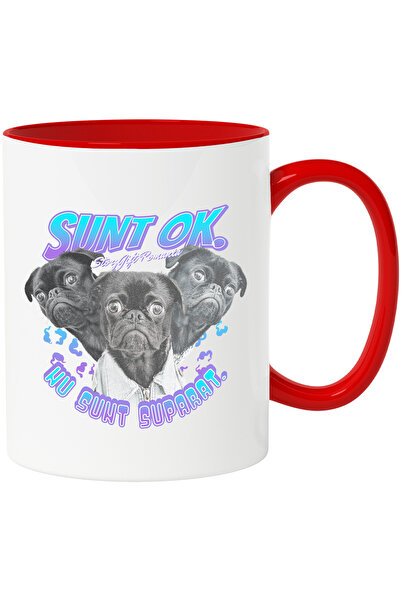 StoryGift Romania Cana Caini pug text nu sunt suparat sunt ok, 330ml, Ceramic cu Maner Rosu, Cu Maner Rosu