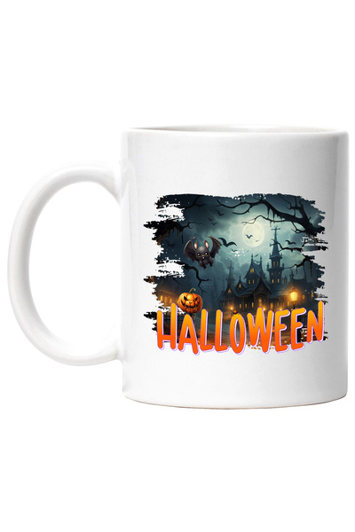 StoryGift Romania Cana cu un peisaj sumbru cu mesajul "Halloween", ilustratie...