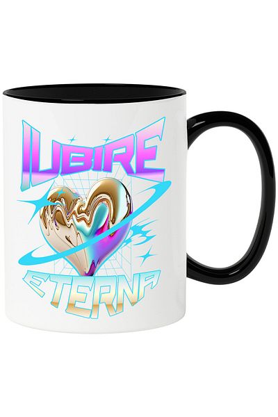 StoryGift Romania Cana cu Inima Bizara Stralucitoare Metalica Text Iubire eterna, Valentine's Day,, Cu Maner Negru