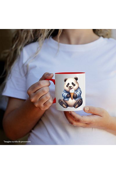 StoryGift Romania Mug with a cheerful Panda bear holding an ice cream | illustration | playful | animal , With ,STG