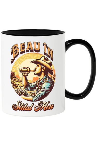 StoryGift Romania Cana Beau în stilul meu om cowboy in natura bere, 330ml, Ceramica cu Maner Negru, Cu Maner Negru