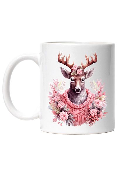 StoryGift Romania Cana cu un cerb imbracat gros | ilustratie | flori | frig | venirea iernii | vre, Cu Maner Alb