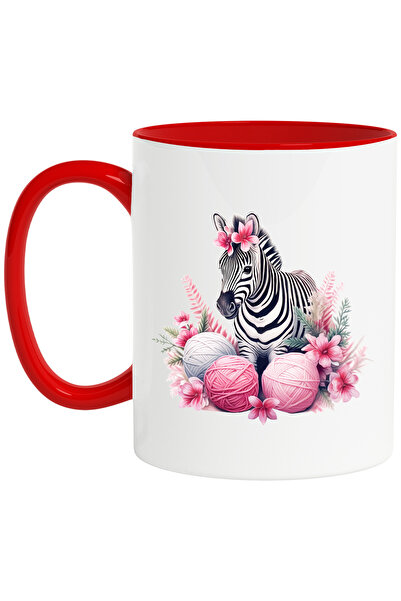 StoryGift Romania Cana cu o zebra | ilustratie | floricele | gheme de ata | plante | natura | anim, Cu Maner Rosu