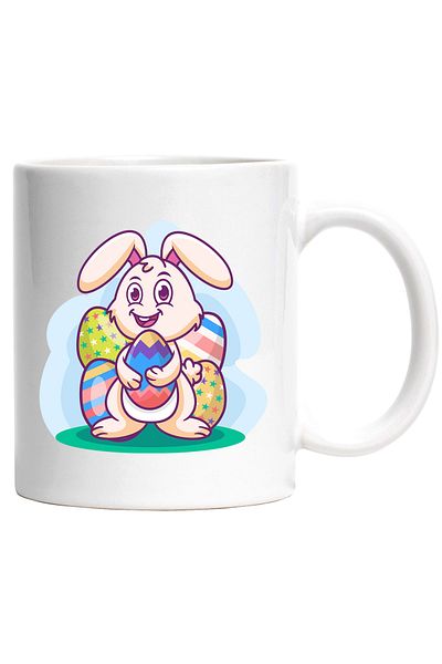 StoryGift Romania Cana Cu Iepure, Oua Decorate, Paste, Sarbatoare, Multicolor 330 ml, Ceramica cu , Cu Maner Alb