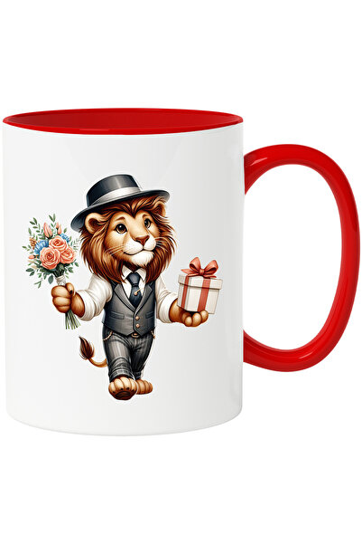 StoryGift Romania Cana cu un leu care tine un buchet cu flori si un cadou | i...