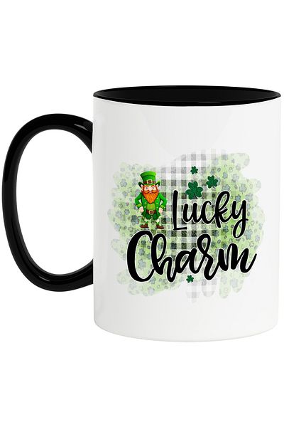 StoryGift Romania Cana cu mesajul "Lucky charm", ilustratie, talisman norocos, verde, pitic, trifo, Cu Maner Negru