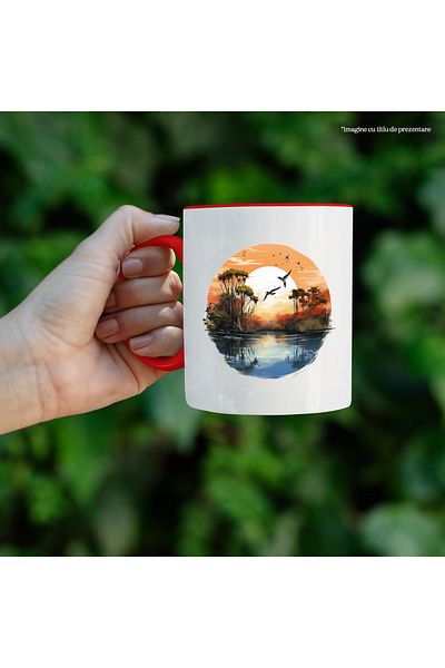 StoryGift Romania Mug With Landscape: Lake, Sun, Sunset, Sky, Trees, Exotic, Multicolor 330 ml, Ceramics, With ,STG