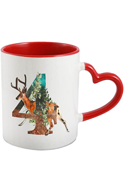 StoryGift Romania Cana Cu Cifra, 4, Cerb, Frunze, Coarne, Multicolor 330 ml, Ceramica cu Maner Ros, Cu Maner Rosu