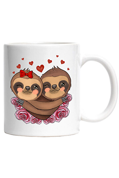 StoryGift Romania Cana cu 2 sloths/lenesi imbratisandu-se, trandafiri, imbujo...