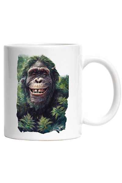 StoryGift Romania Cana Cu Maimuta care Rade Printre Frunze, Jungla, Banane, Cimpanzei, Ceramica, 3, Cu Maner Alb