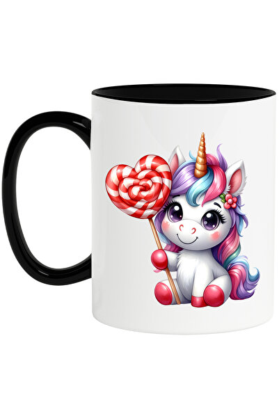 StoryGift Romania Cana cu un unicorn vesel, ilustratie, tine o acadea, imbujorata, dulciuri, pentr, Cu Maner Negru