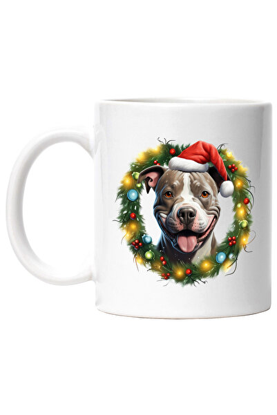 StoryGift Romania Cana cu un caine Boxer vesel, caciula de Craciun, luminite,...