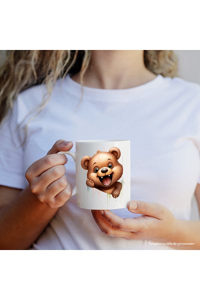 StoryGift Romania Mug with a cheerful teddy bear | illustration | color spots | happy | animal scarf, With White Handle