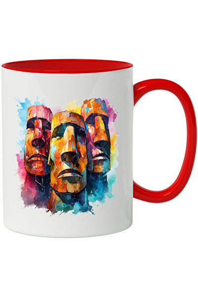 StoryGift Romania Cana Cu Statui, Moai, Ilustratie Acuarela, Piatra, Chip, Multicolor 330 ml, Cera, Cu Maner Rosu