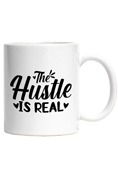 StoryGift Romania Cana cu inimioare si textul "The hustle is real" - munca este reala efort obiect, Cu Maner Alb