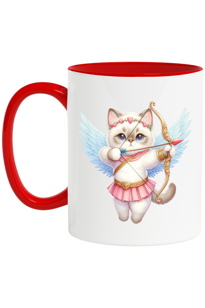 StoryGift Romania Cana cu o pisicuta Birmaneza Cupidon | ilustratie | trage cu arcul | indragostir, Cu Maner Rosu