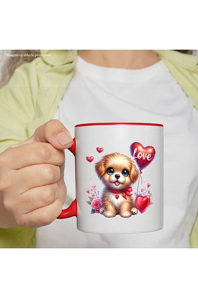 StoryGift Romania Mug with a cheerful puppy with sparkling eyes | illustration | hearts | balloon with , With ,STG