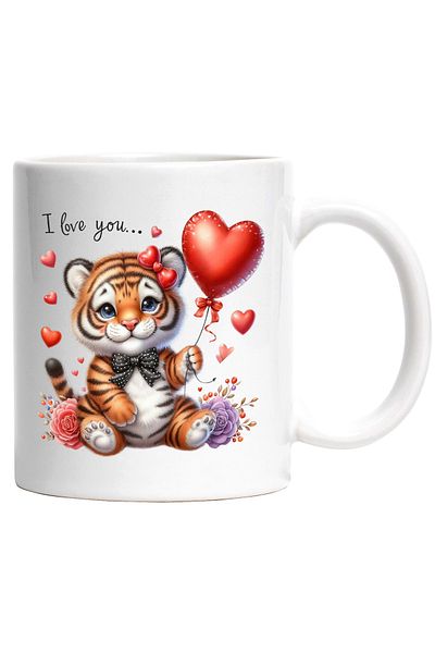StoryGift Romania Mug with tiger cub with the message "I love you...", love, roses, hearts, , With White Handle