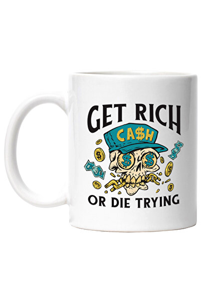 StoryGift Romania Cana Cu Mesaj In Engleza Get Rich Or Die Trying, Bani, Craniu, Lant, Multicolor , Cu Maner Alb