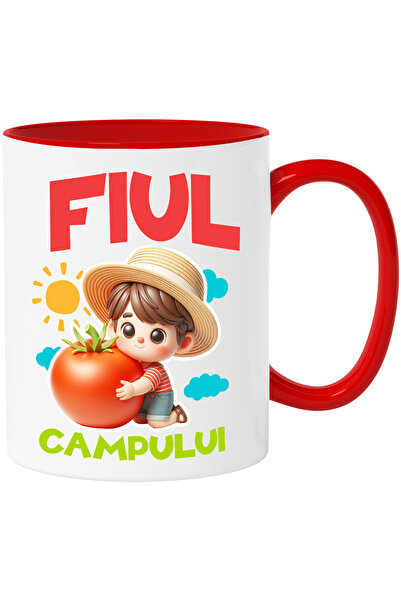 StoryGift Romania Cana Fiul campului baiat cu palarie mar rosu , 330ml, Ceramic cu Maner Rosu, Cu Maner Rosu
