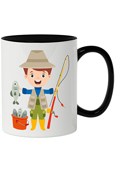 StoryGift Romania Cana Cu Pescar, Pescuit, Lanseta, Peste, Galeata, Sapca, Multicolor 330 ml, Cera, Cu Maner Negru