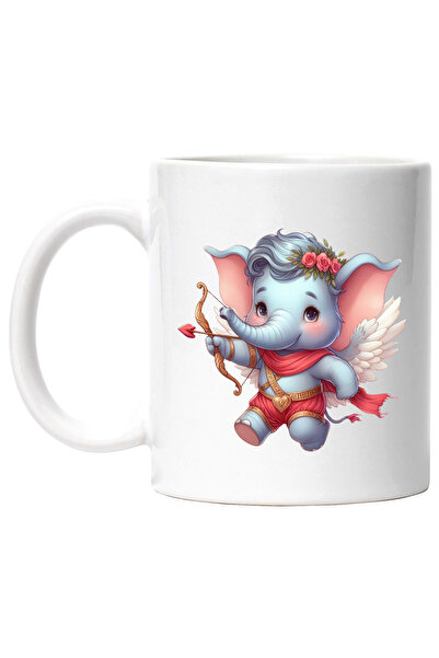 StoryGift Romania Cana cu un elefantel Cupidon | ilustratie | trage cu arcul | flori | aripi | ind, Cu Maner Alb