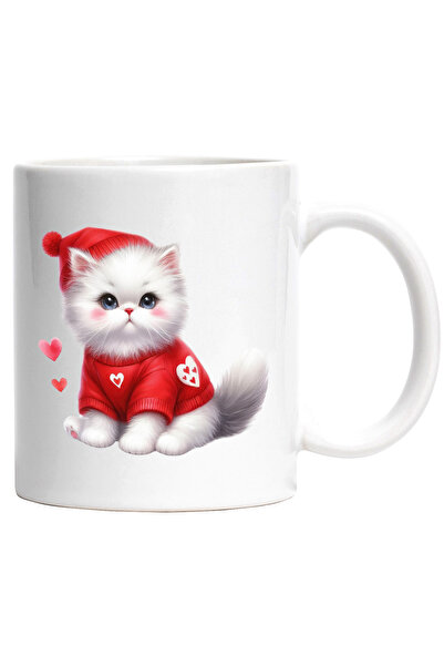 StoryGift Romania Cana cu o pisicuta imbujorata | ilustratie | caciula rosie | bluza | frig | iarn, Cu Maner Alb