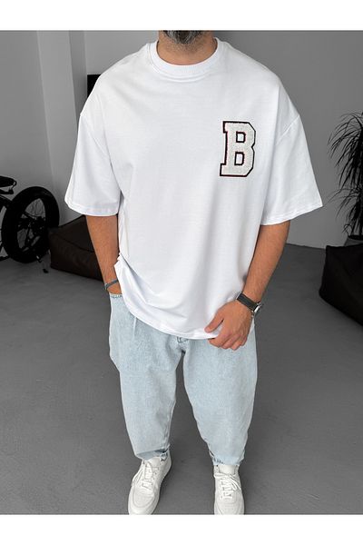 BYBASICMAN White B Embroidered Oversize T-Shirt By-068