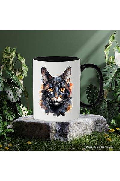 StoryGift Romania Cat Head Mug, Geometric, Mosaic, Animal Lovers, Multicolor 330 ml, With ,STG