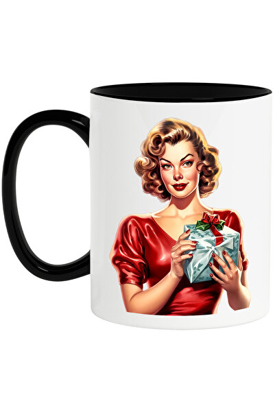 StoryGift Romania Cana cu o femeie care tine un cadou de Craciun, rochie rosi...