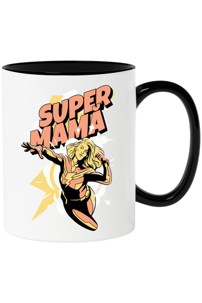 StoryGift Romania Cana Super Mama, femeie puternica, familie, iubire, 330ml, Ceramica cu Maner Neg, Cu Maner Negru