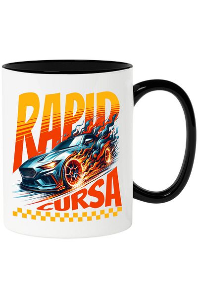 StoryGift Romania Cana cu Masina Neagra Sport In Flacari Iubitorii DE Viteza Text Rapid Cursa. Ile, Cu Maner Negru