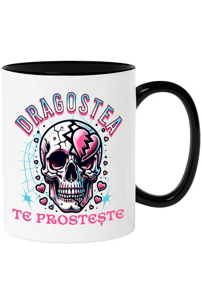StoryGift Romania Cana Craniu Uman Text Haios Dragostea te Prosteste Valentine's Day, 330ml, Ceram, Cu Maner Negru