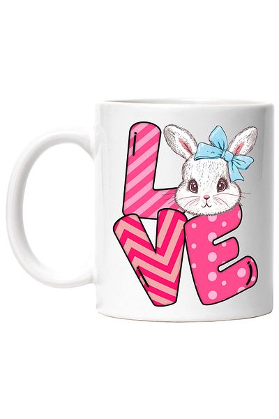 StoryGift Romania Cana cu mesajul "Love", Paste fericit, ilustratie, sarbatori pascale, iepuras, f, Cu Maner Alb