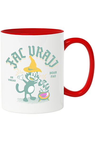 StoryGift Romania Cana cu Motan Cu Palarie De Vrajitor Potiune Magica Text Fac Vraji, Ceramica, 33, Cu Maner Rosu