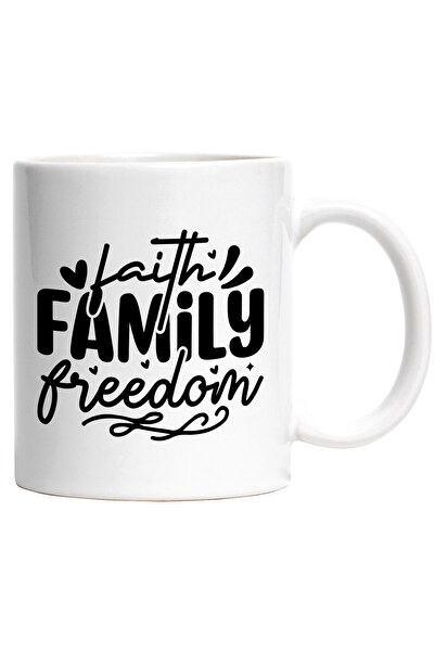 StoryGift Romania Cana cu inimioare si textul in engleza "Faith, family, freedom" - credinta famil, Cu Maner Alb