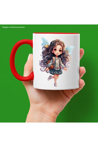 StoryGift Romania Cana cu o fetita cu aripi de zana care se duce la scoala | ilustratie | ghiozdan, Cu Maner Rosu