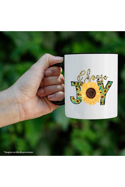 StoryGift Romania Cana cu mesajul "Choose joy", ilustratie, motivational, alege fericirea, floarea, Cu Maner Negru