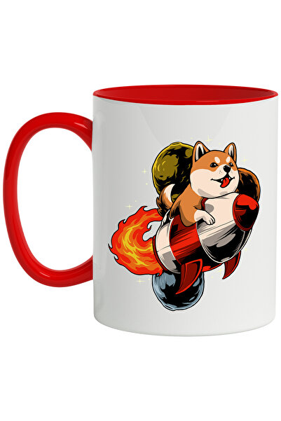 StoryGift Romania Cana Cu Catel, Shiba Inu, Racheta, Foc, Multicolor 330 ml, Ceramica cu Maner Ros, Cu Maner Rosu