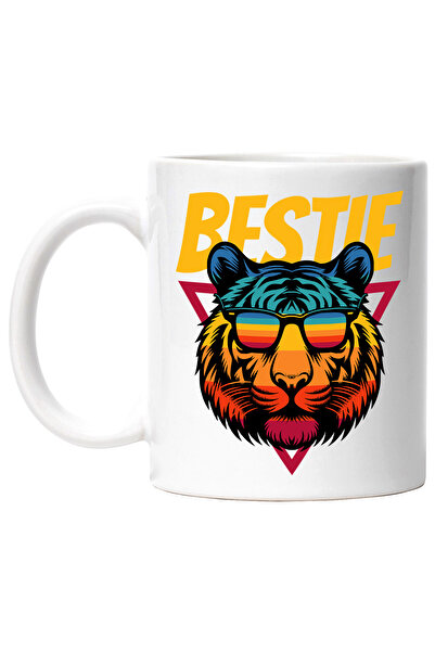 StoryGift Romania Cana Bestie CAP DE TIGRU CU OCHELARII DE SOARE , 330ml, Ceramic cu Maner Alb, Cu Maner Alb