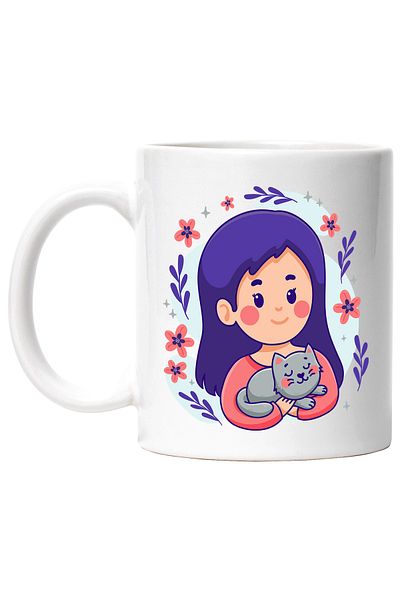 StoryGift Romania Cat Mug, Girl, Flowers, Stars, Leaves, Sweatshirt, Animal Lovers, Multicolor, With White Handle