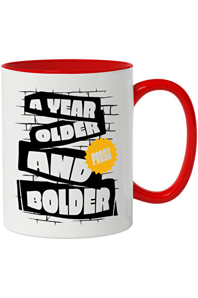 StoryGift Romania Cana Cu Mesaj In Engleza A Year Olden And Bolder, Caramida, Multicolor 330 ml, C, Cu Maner Rosu